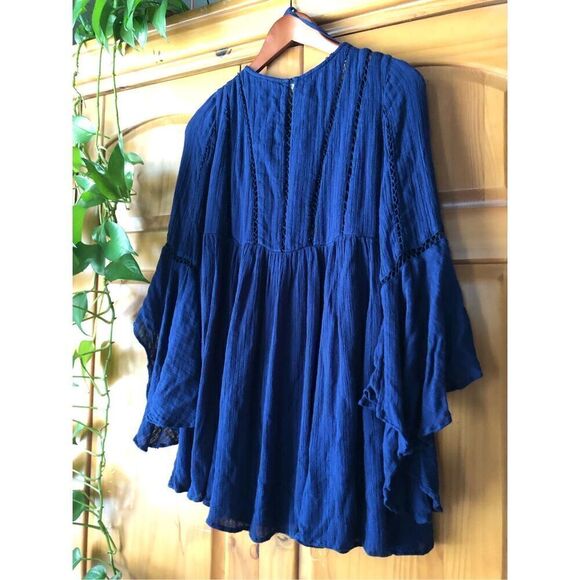 Free People Women Romeo Navy Blue Ladder Trim Boho Mini Dress SP - Picture 7 of 14